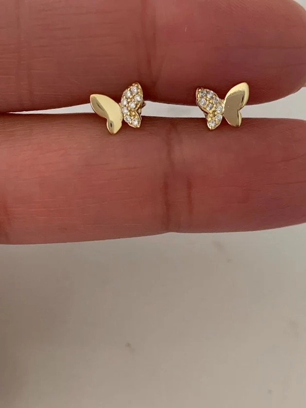 9MM Pave Butterflies in Sterling Silver Stud Earrings 14K