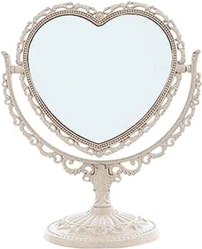 D&X 7-Inch Lovely Heart Mirror 360 Degree Rotation Double Sided Magnifying Makeup Vanity Mirror I Bathroom Bedroom Vanity Mirror I Cute Vintage Mirror(Beige, Heart-Shaped)