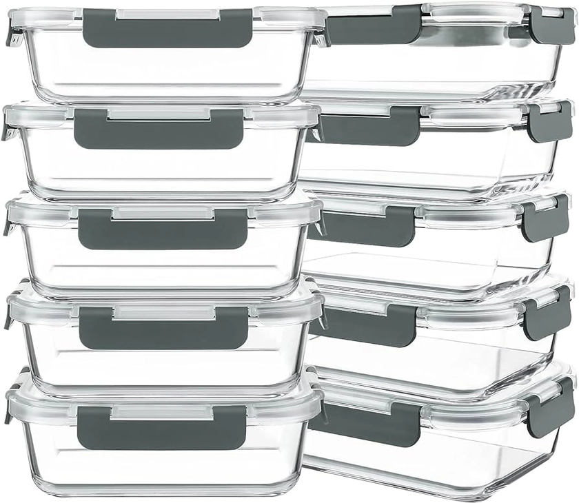 KOMUEE 10 Packs 30 oz Glass Meal Prep Containers,Glass Food Storage Containers with Lids,Airtight Glass Lunch Bento Boxes,BPA Free,Microwave,Freezer and Dishwasher,Gray