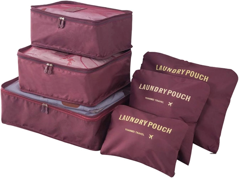 Kono 6PCS Packing Cubes Set Travel Luggage Zip Organisers Clothes Underwear Socks Storage Bag Pouch (Burgundy)