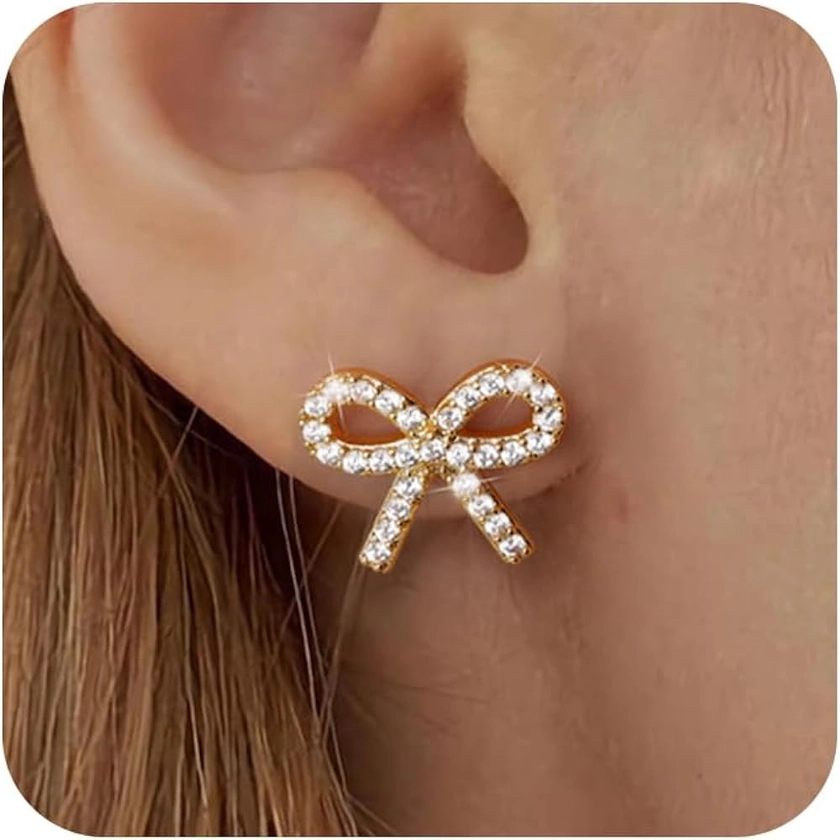 Plucar Bow Earrings Gold Earrings for Women - Stud Earrings for Women Hypoallergenic Earrings for Women Trendy Gold Jewelry Gift Gold Stud Earrings with Pearl | Wave | Twisted Rope | Zircon Flat Back Stud Earrings Cute Earrings