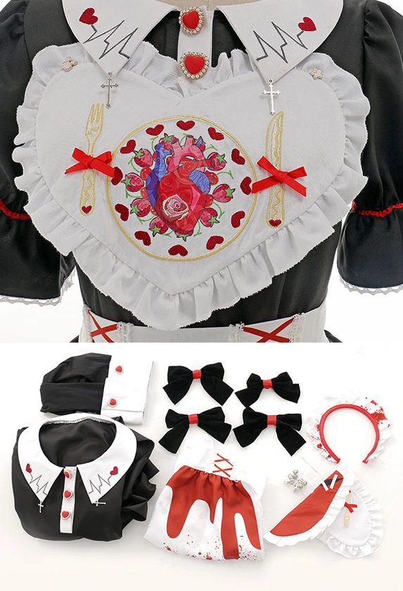 Halloween Gothic Maid Dress Heart Bow Pattern Dress and Apron with Sleeves and Headdress