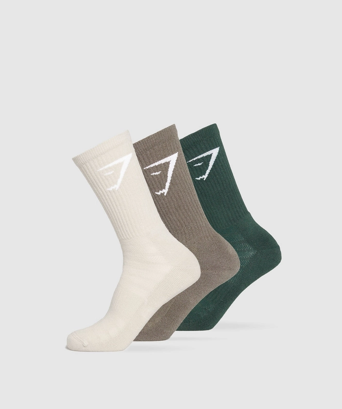 Gymshark Crew Socks 3pk - Victory Green/Camo Brown/Pebble Grey