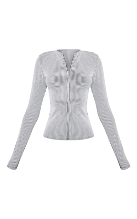 Light Grey Two Tone Rib Longline Zip Up Top