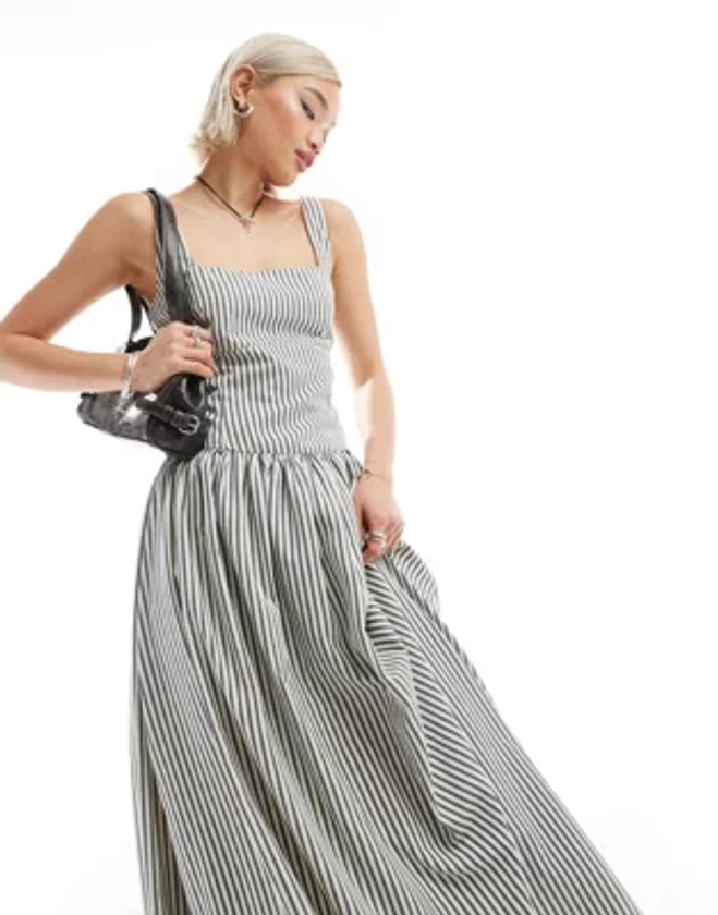 Glamorous drop waist square neck full skirt maxi dress in black white stripe