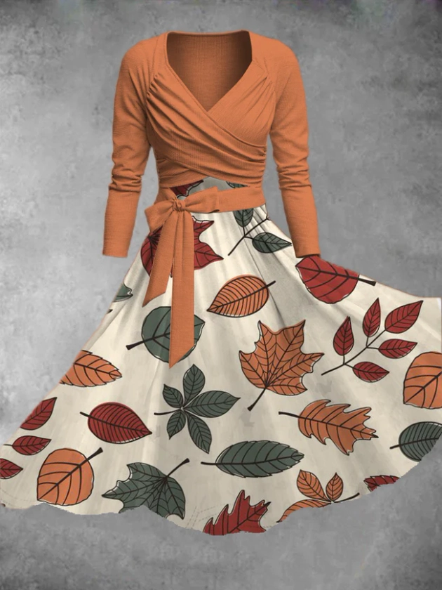 Women's Autumn Leaves Print Two-Piece Dress