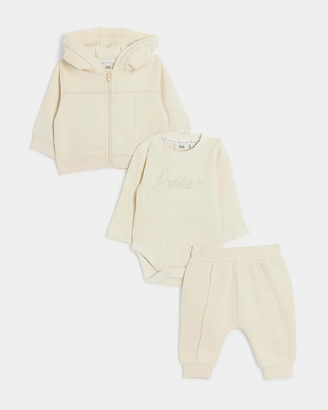 Baby boys beige zip up hoodie 3 piece set | River Island