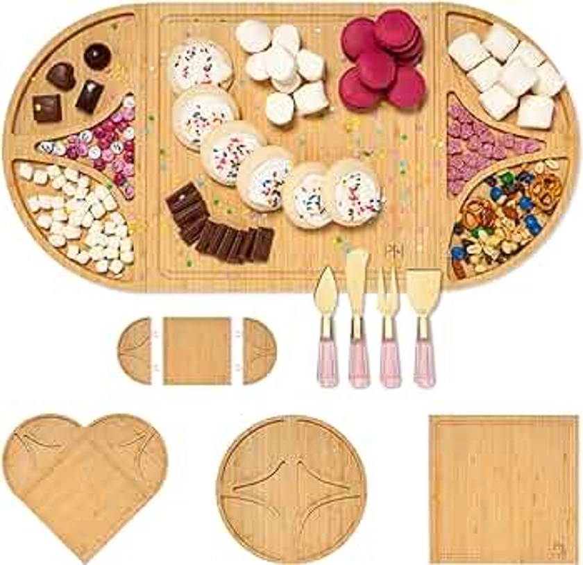 Paris Hilton Charcuterie Board and Serving Set, Customizable and Magnetic Bamboo Board with Cheese Utensils, 7-Piece Set, Pink