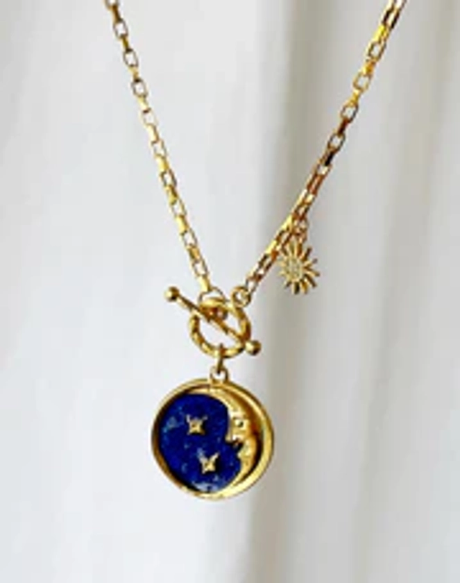 Azure - Blue Enamelled Crescent Moon Gold Plated Pendant