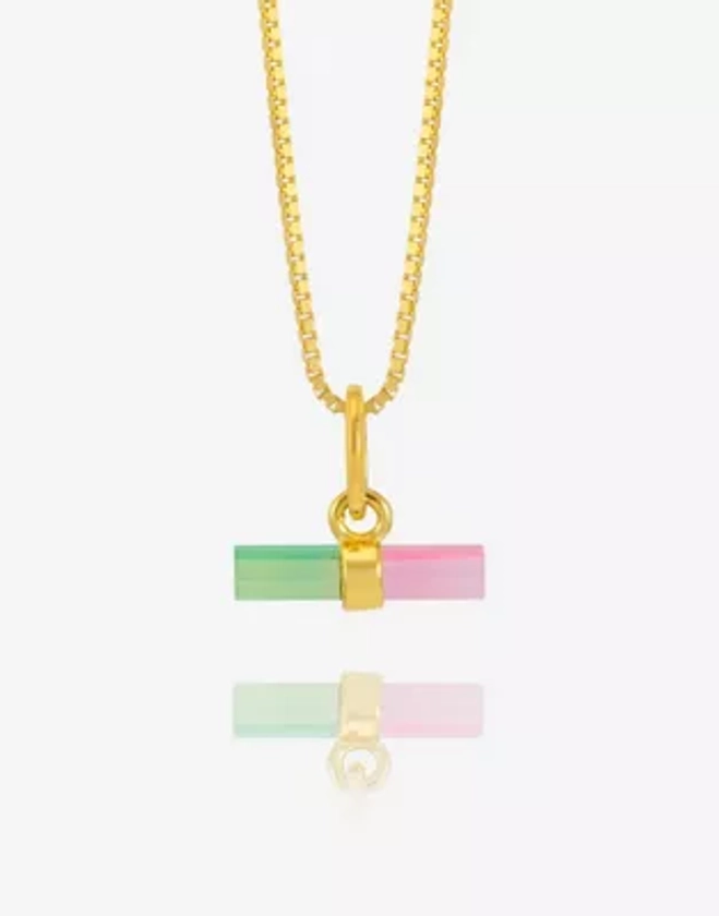 Rachel Jackson 22 carat gold plated mini t-bar necklace with watermelon stone with gift box