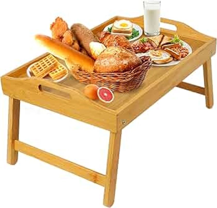 MorTime Bed Tray Table with Folding Legs, Bamboo Breakfast Tray with Handles for Bed, Sofa, Eating, Working, Foldable Laptop Desk Food Snack Tray Serving Tray