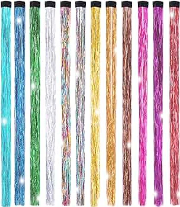 19.7 Inch Clip In Hair Fairy Tinsel Kit Clips Clip On Glitter Hair Tinsel Extensions 12 Colors