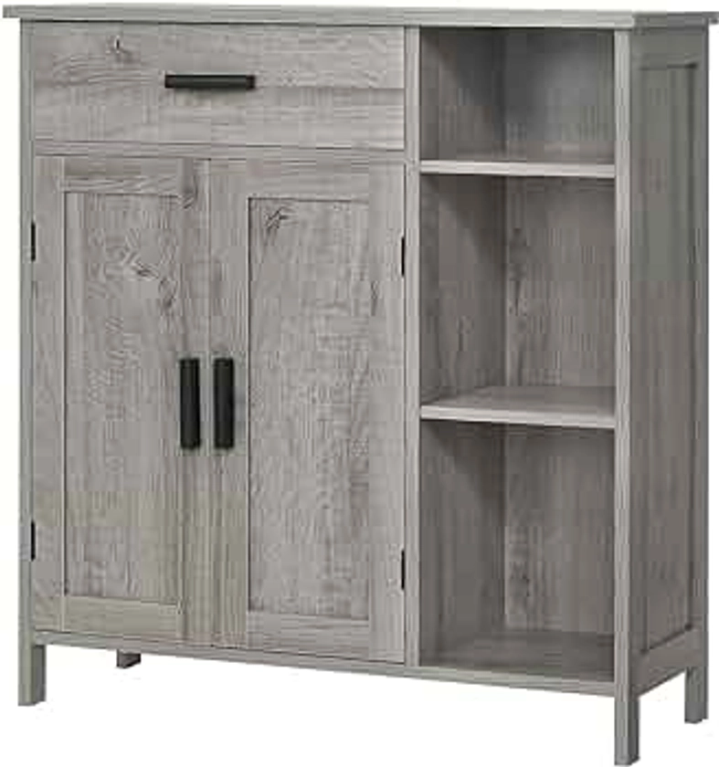 WEENFON Storage Cabinet with Doors and Shelves, Floor Storage Cabinet with Drawer, Accent Cabinet for Living Room, Hallway, Kitchen, Gray