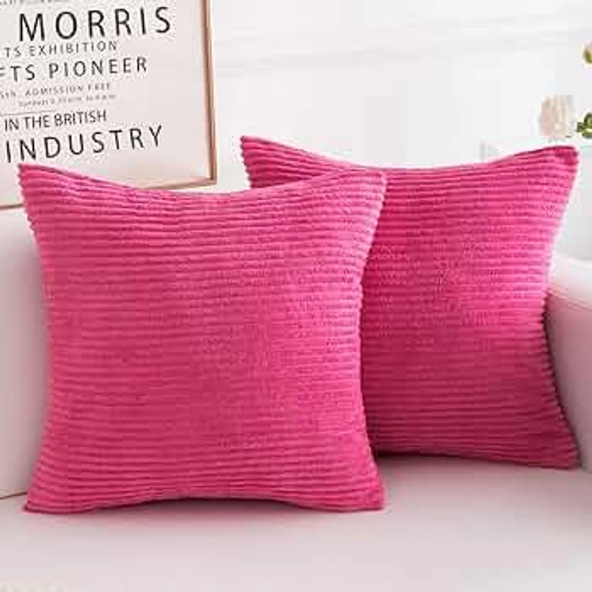 Yonous Throw Pillow Covers, Premium Corduroy Soft Square Cushion Cases Set, Decorative Pillows for Sofa Bedroom Car, Set of 2, 18x18 Inch, Hot Pink