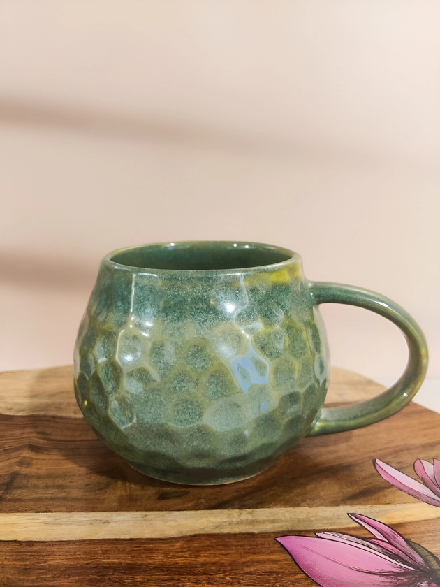 One Posh Home Green Textured Stoneware Glossy Mugs 350 ml