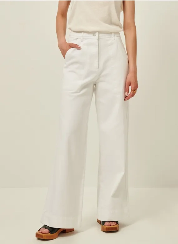 Pantalon large taille haute en coton bio | Blanc