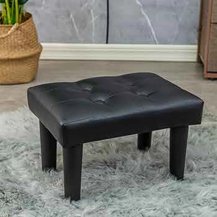 15” Ottoman Foot Rest, PVC Small Ottoman Foot Stool with Legs Modern Footstool Ottomans for Living Room Entryway Office, Black
