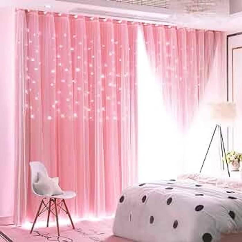 UNISTAR 2 Panels Stars Blackout and Sheer Curtains for Bedroom Girls Kids Baby Room, Double Layer Star Cut Out Living Room Window Curtain, W34 x L63 Inch Length, Pink