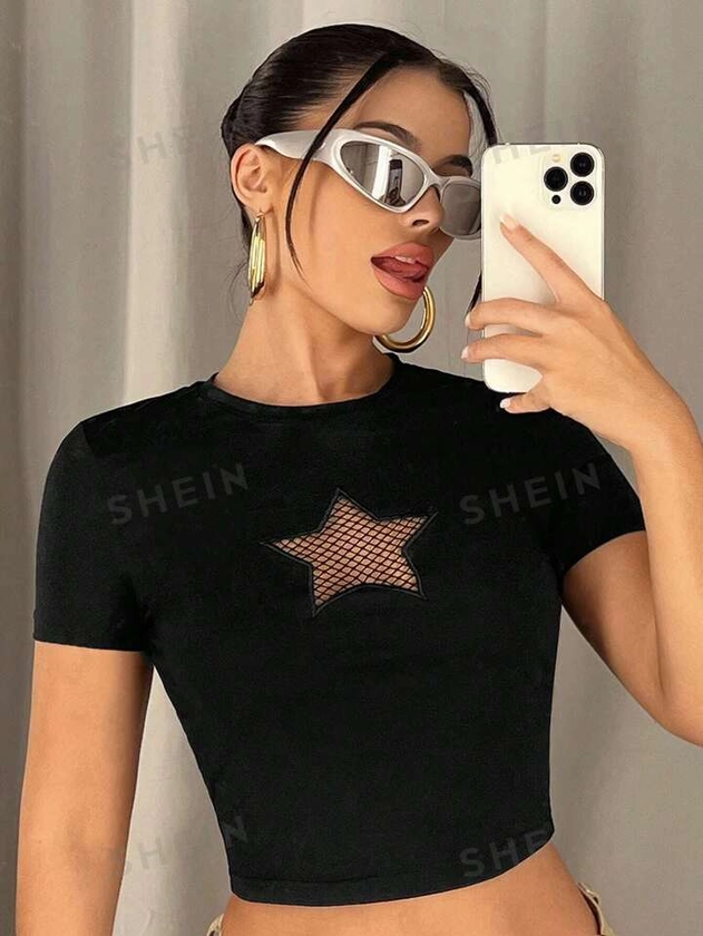 SHEIN ICON Camiseta crop con patrón de estrella con malla en contraste