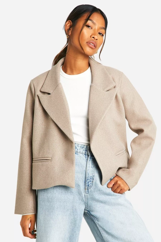 Wool Look Shoulder Pad Cropped Blazer