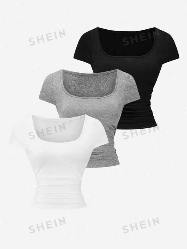 SHEIN EZwear Women's Square Neckline Ruched Slim Fit 3pcs T-Shirt Set
