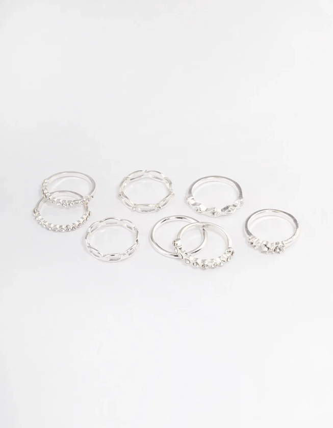 Silver Diamante Row Mix Ring 8-Pack