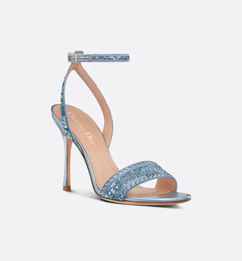 Dway Heeled Sandal Blue Cotton Embroidered with Metallic Thread and Strass | DIOR