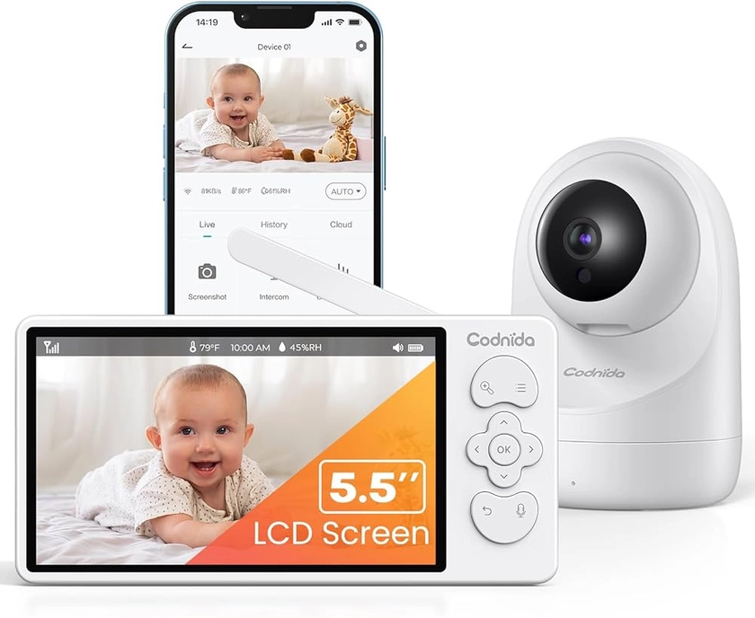 Codnida 5.5" LCD Babyphone Camera,Caméra Bebe Surveillance 2k avec Vision Nocturne, Suivi Automatique,Capteur de Température & Humidité,Audio Bidirectionnel,Berceuses,VOX,LCD & Smartphone Control