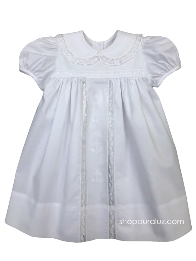 Auraluz Dress/Slip...White with white lace/inset, p,p,collar and embro