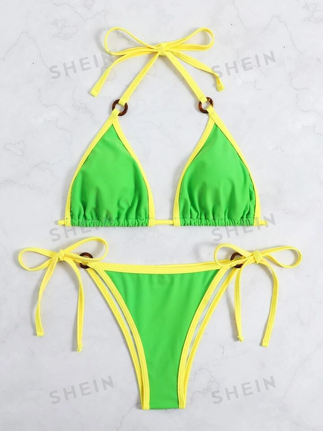 SHEIN Swim Vcay Bikini à liseré contrastant à détail anneau ras-du-cou triangulaire à nœud