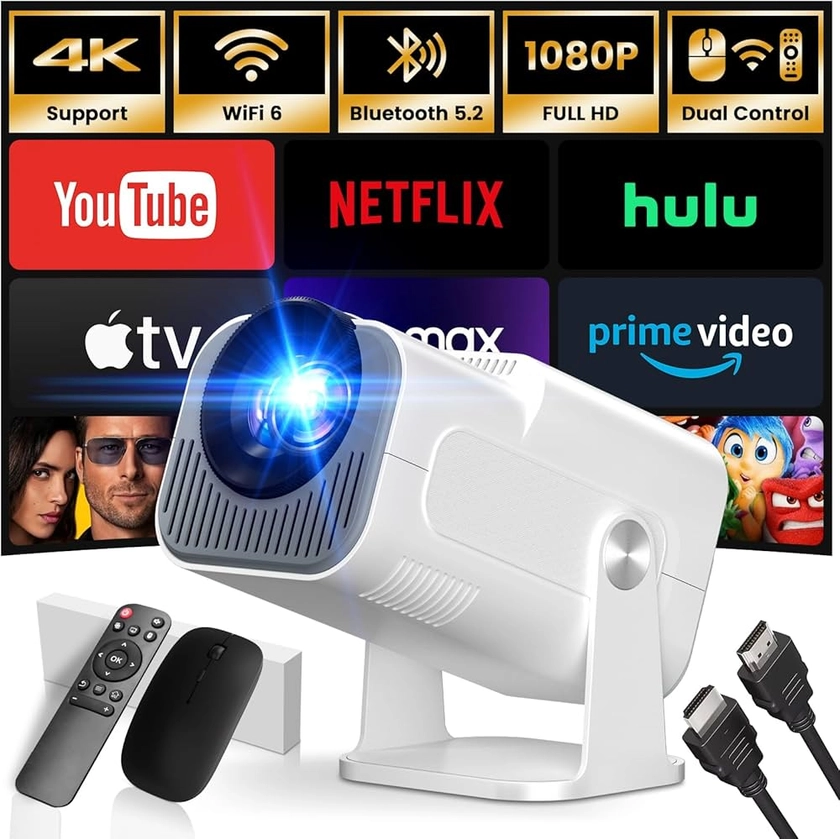 [App intégrée] 2024 Upgraded Vidéoprojecteur 1920*1080P FHD 4K Mini Projecteur Portable Dual Contrôle avec Souris Android TV WiFi 6 BT5.2 270° Rotation HDMI/TV Stick/USB/PS5, avec HDMI et Souris,Blanc