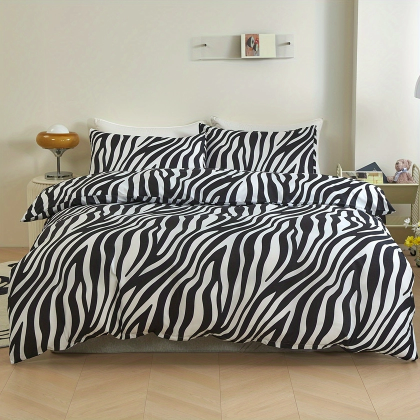 3pcs Zebra-stripe Leopard Printed Duvet Cover Set (1pc*Duvet Cover + 2pcs*Pillowcase, No Pillow Core), Soft Bedding For Bedroom & Guest Room