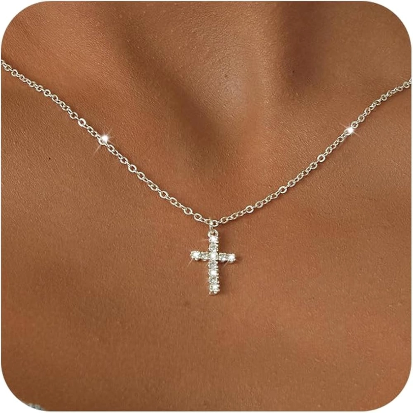 Tewiky Cross Necklace for Women-Dainty Simple 14k Gold Plated Cross Pendant Cute Diamond Necklaces for Women Gold Jewelry