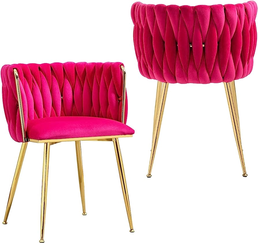 NIOIIKIT Modern Velvet Dining Chairs Set of 2 Hand Weaving Accent Upholstered Side Chair with Golden Metal Legs for Dining Room Kitchen Vanity Living Room (Rosered)