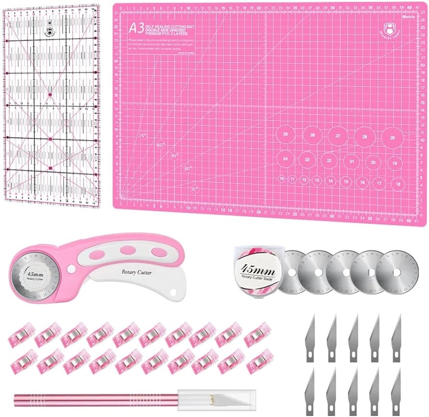 Rotary Cutter Set Pink - Quilting Kit incl. 45mm Fabric Cutter, 5 Extra Rotary Blades, A3 Self Healing Cutting Mat, Acrylic Ruler and Craft Clips, craft knife, Ideal for Crafting, Sewing, Patchworking : Amazon.co.uk: Home & Kitchen