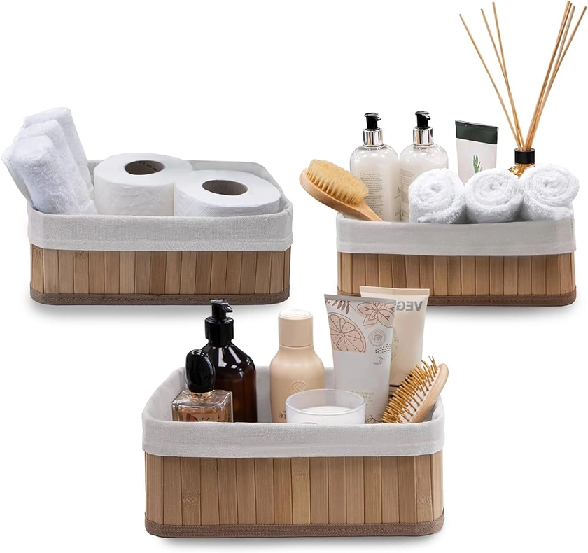 Knight Set of 3 Bamboo Storage Basket, Multi-purpose Bamboo Storage Shelving Organizer, Removable Washabe Inner cloth, For Kitchen, Rooms, Shelves, Bathroom, Natural (Rectangular)