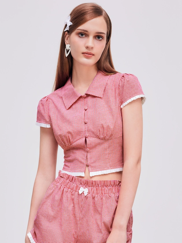 Collar Gingham Contrasting Binding Crop Top