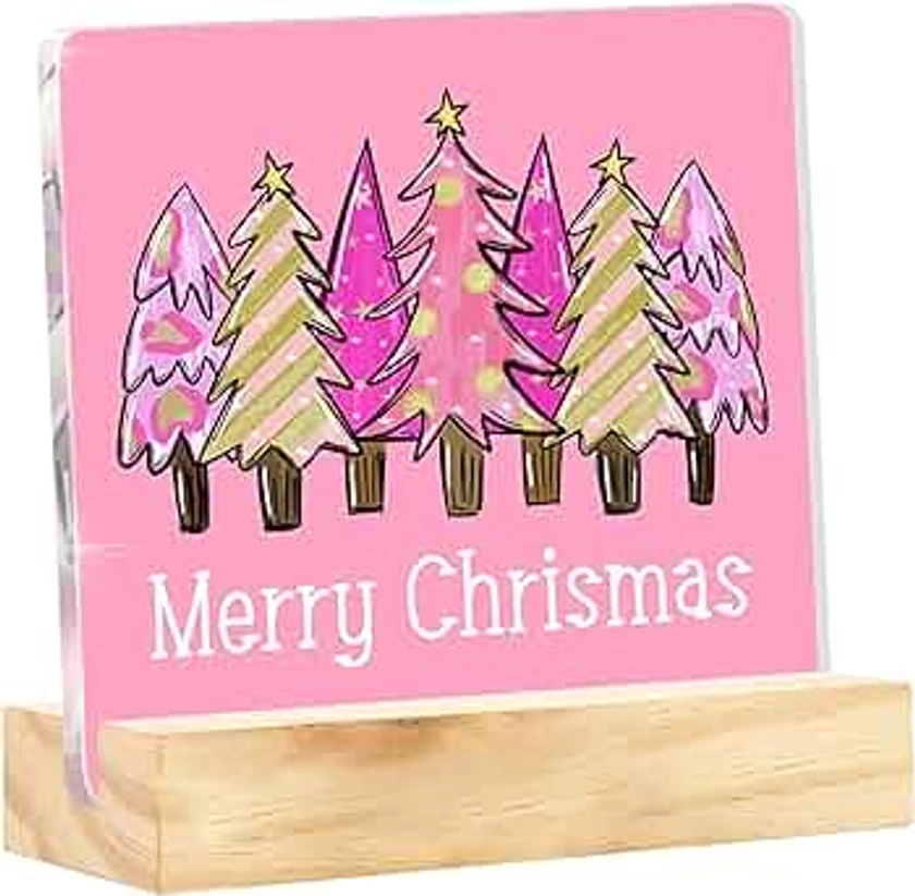 Pink Merry Christmas Sign Pink Christmas Tree Decor Pink Christmas Decor Pink Christmas Decorations Pink Xmas Vacation Sign Christmas Signs Clear Acrylic Desk Decor Sign 4 x 4 Inch