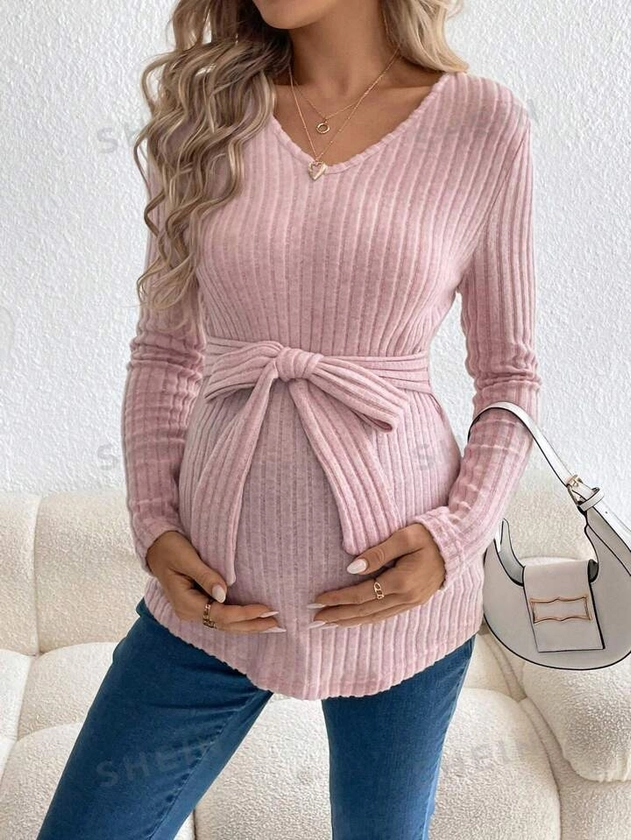 SHEIN Maternity Ribbed Knit Belted Tee | SHEIN UK
