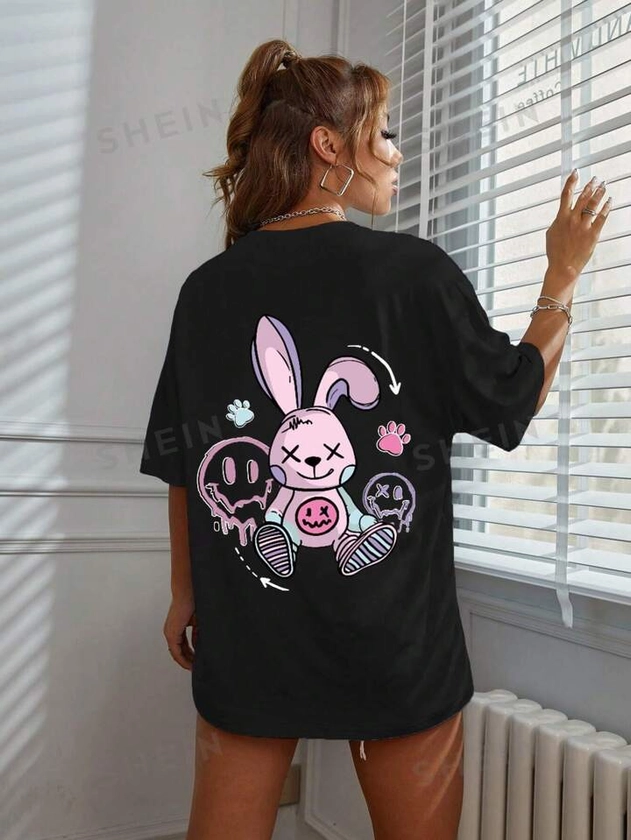 SHEIN EZwear T-shirt À Col Rond Imprimé Dessin Animé Pour Femme