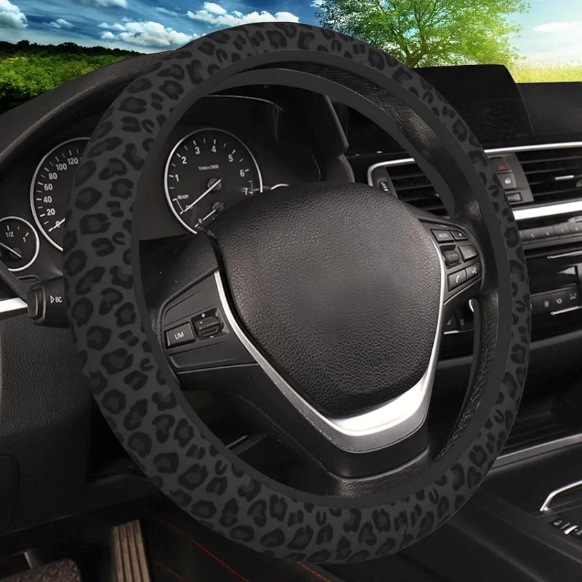 Black Leopard Print Cheetah Elastic Steering Wheel Cover, Non-Slip Breathable Neoprene Steering Wheel Covers, Women Leopard Car Accessories, Universal 15 Inch Fit Auto, Suvs, Truck