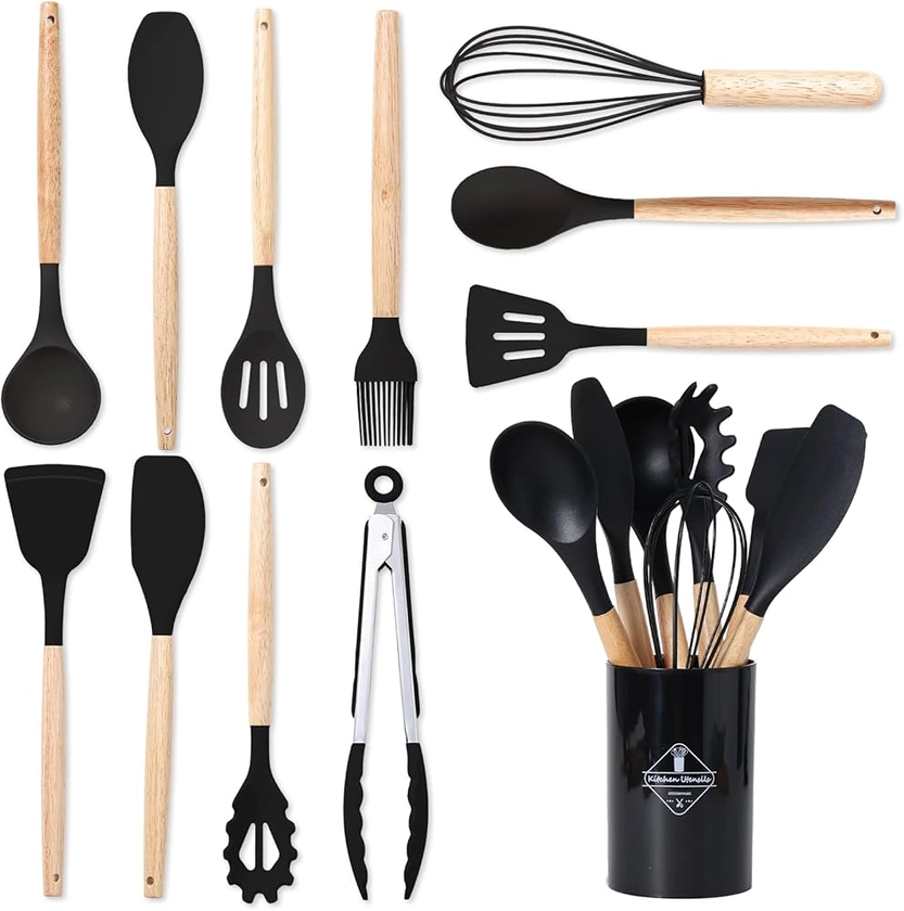 BASVII 12 Ensemble Ustensiles de Cuisine Silicone - Set Ustensile Cuisine en Silicone et Manche Bois, Résistants à Chaleur et Antiadhésifs - Cuisine Accessoires pour Tous Batteries de Cuisine (Kaki) : Amazon.fr: Cuisine et Maison