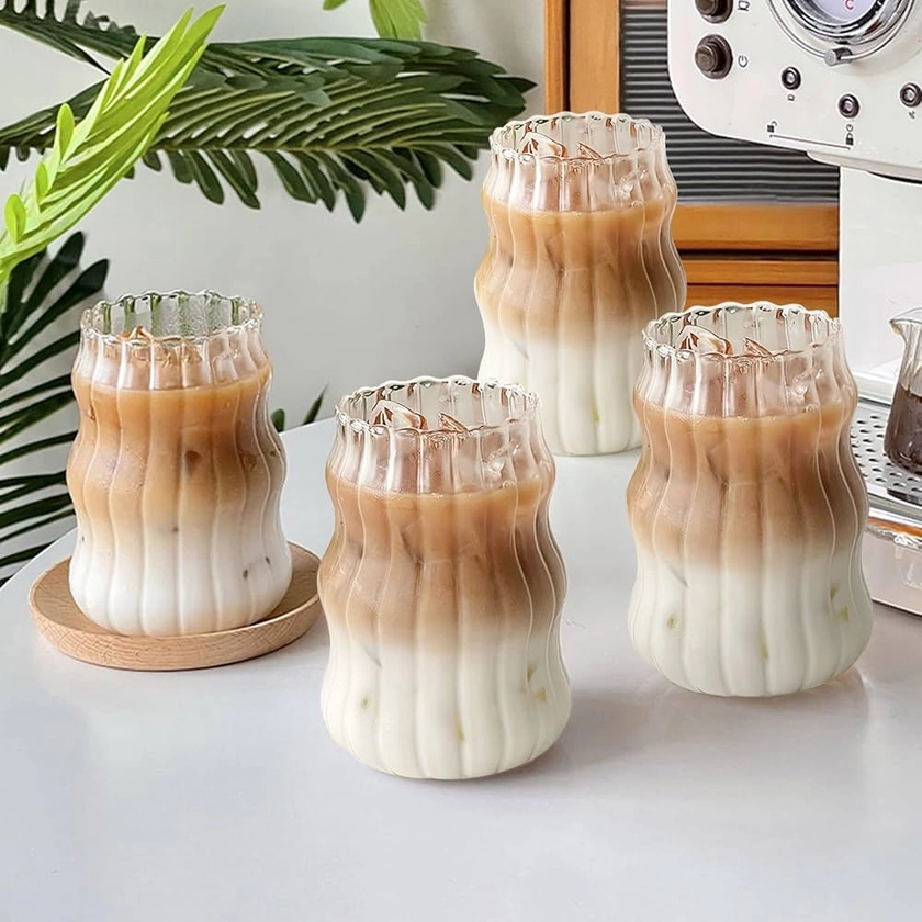 Amazon.com | MALOKI Ribbed Drinking Glasses Vintage Ribbed Glassware 18 Oz Reusable Iced Coffee Cup Aesthetic Glass Coffee Cups Cute Wavy Glass Cups Smoothie Cup Coffee Bar Accessories: Espresso Cups