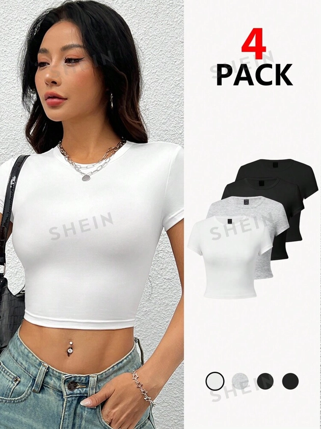 SHEIN PETITE Casual Round Neck Tight Short Sleeve T-Shirt For Women, Suitable For Summer