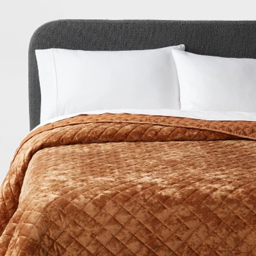 King Luxe Diamond Stitch Velvet Quilt Camel - Threshold™: Recycled Polyester, OEKO-TEX Certified, Machine Washable