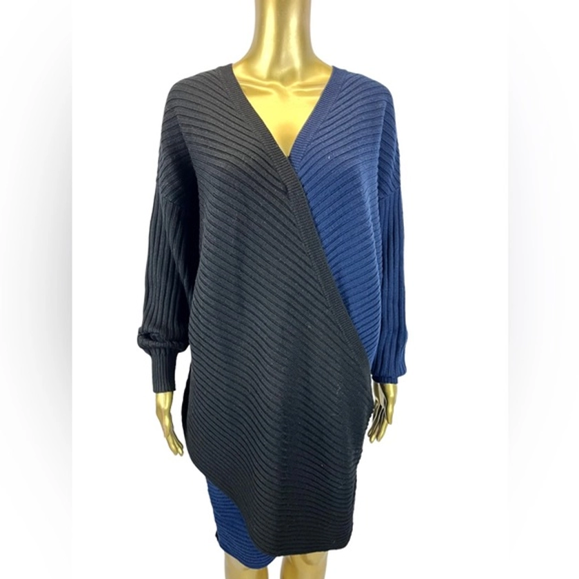 AMUR Samira Two Tone Overlap Sweater Dress, Wool Sz Small, Black Blue