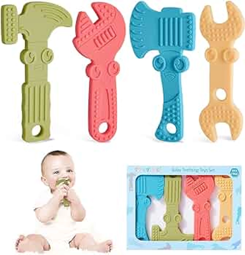 TYRY.HU Baby Teething Toys for Babies 0-6 Months 6-12 Months, BPA Free Silicone Baby Molar Teether Chew Toys, Hammer Wrench Spanner Pliers for Boys Girls, Soft-Textured, Easy to Hold & Clean, 4 Packs