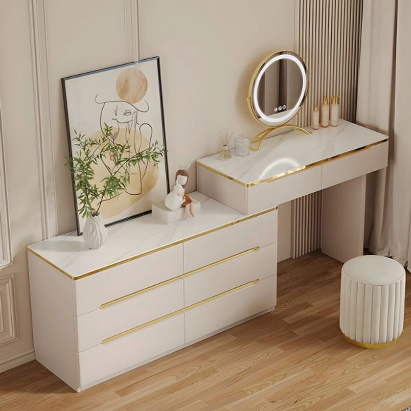 Solid Wood Slate Telescopic Dressing Table and Cupboard Integrated for Bedroom - Makeup Vanity & Dresser (71")