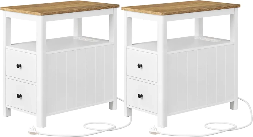 VASAGLE Table d Appoint avec Multiprise, Lot de 2, Table de Chevet avec 2 Tiroirs, Petite Table Basse avec Étagère, pour Petits Espaces, Style Charme de la Côte, Marron Chêne et Blanc LCT649W01