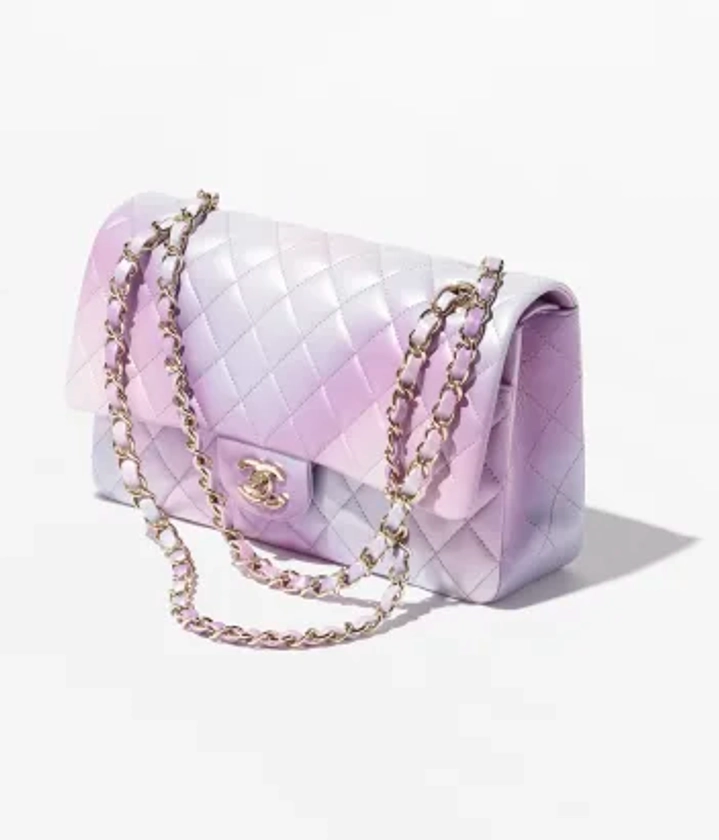 Classic handbag, Cloudy tie and dye calfskin & gold-tone metal, purple, blue & pink — Fashion | CHANEL